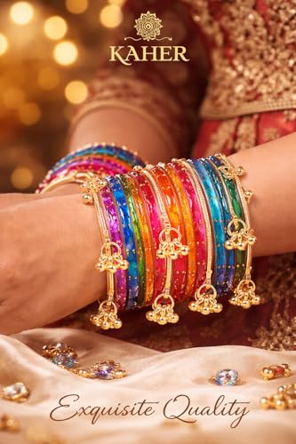 Image of Kaher Kashmiri Glass Bangle with gunghro Set for Women| Traditional, Fancy Glass Chudi Set for Festival, Wedding, and Party (Set Of 16)