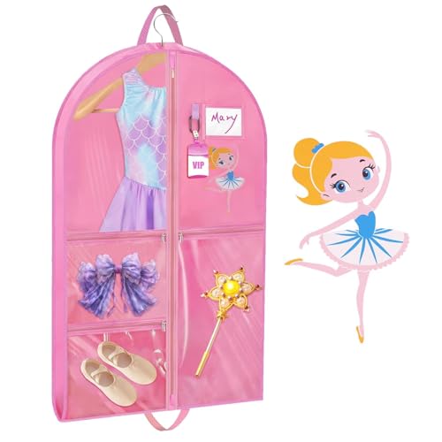 Hanging Dance Garment Bag, 40 Inch Waterproof Costumes Bag for Travel, Pink Clothes Bag with 5 Pockets for Dance, Sports, Skating, Beauty Pageants, Theatre (With Cartoon Girl Print)