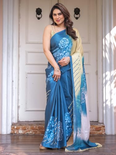Image of ALMAARI FASHION Women's Floral Printed Georgette Satin Saree with Unstitched Blouse Piece | Traditional Ethnic Wear Sarees | Soft Lightweight Ethnic Office Wear Daily Wear Indian Sari (SG 181-190 SH)