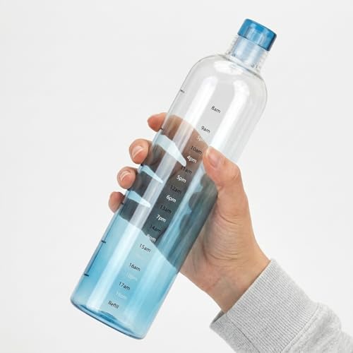 Image of Borosilicate Glass Water Bottles with Cap, Transparent Water Bottle 1000ML Glass Motivational Bottle with Time Marker Cute Glass Milk Juice Drinking Bottles for Women - Blue