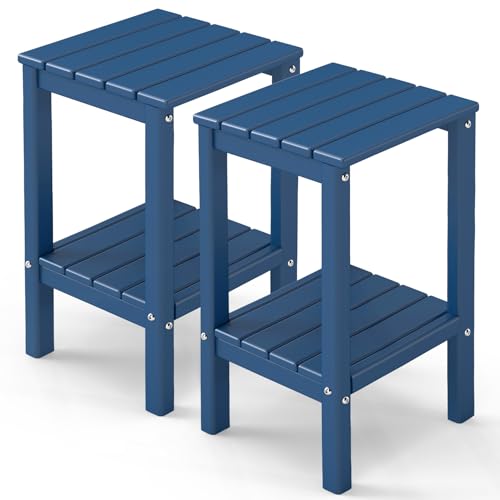 GREENVINES Tall-Outdoor-Side-Table Set of 2 | 23.5" | HDPE Plastic | Patio Adirondack End Tables | All Weather | 2-Tier | Blue | for Porch Garden Indo
