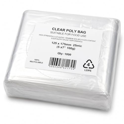Image of Sabco - Clear Food Grade Polythene Bags 1000 Pack, 25 Micron 100 Gauge Plastic Bags, [5" x 7"]