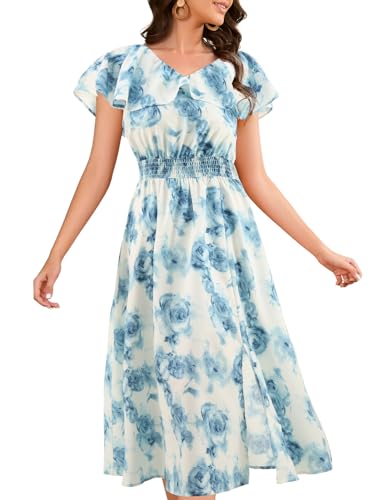 Image of Bridesmay Womens Summer Floral Midi Dresses Ruffle Sleeve Beach Wedding Guest Dress V Neck Swing Flowy Dresses