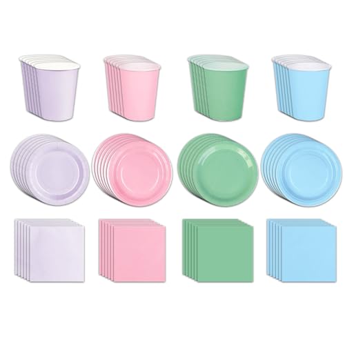 Pastel Party Plates and Napkins Set, 72 Pcs Disposable Dinnerware for Birthday Party Decorations, Includes 7 Inch Dessert Plates, Cocktail Napkins and Cups - Ioklin