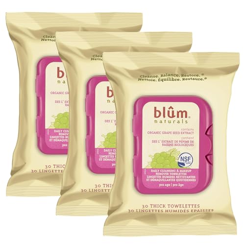 Blum Naturals Dry and Sensitive Skin Daily Cleansing Makeup Wipes with Chamomile, PACK OF 3 (90 Count Total)