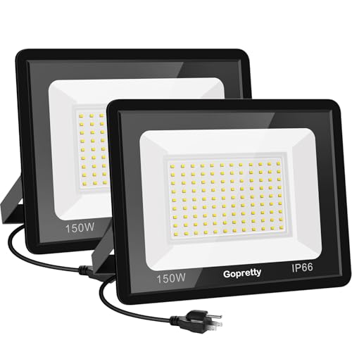 Gopretty 150W Warm White Outdoor LED Flood Lights, 3000K 18000LM IP66 Waterproof, Garden Garage, Court, Shop Exterior Security Floodlights 2 Pack