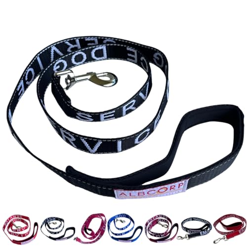 Albcorp Service Dog Leash - Embroidered- with Padded Neoprene Handle and Reflective threads, 4 Feet, for Harnesses, Vests or Collars, Black