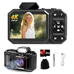 Appareil Photo Numérique, 4K Camera Vlog avec Carte De 64 Go, Autofocus 48MP, Zoom 12X, Flash Et Anti-Vibrations, Appareil Photo Compact, Digital Camera pour Adulte Étudiant et Adolescents