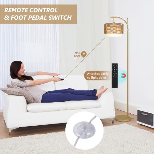 Image of Gold Floor Lamps for Living Room with Remote & Dimmable LED Bulb, Modern Arc Floor Lamp with 3 Color Temperatures, Boho Standing Lamp with Rattan & Fabric Shades, Adjustable Tall Lamp for Bedroom