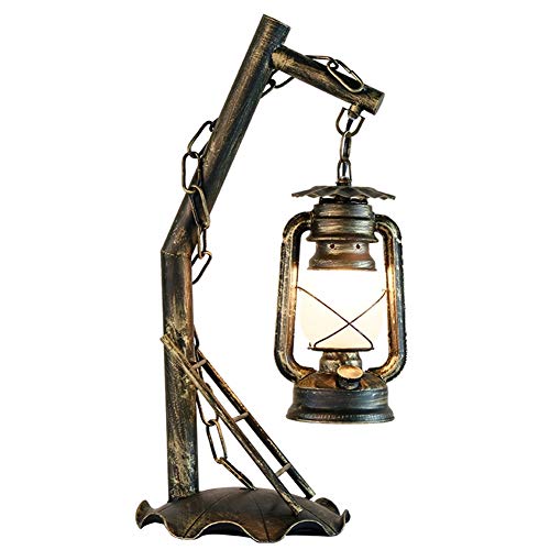 Desk Lamp Study Office Retro Old Fashioned Lantern Kerosene Lamp Living Room Bedroom Frosted Glass Shade Hand-Painted Do The Old Wrought Iron Table Lamp with Ladder and Chain Decoration steampunk buy now online