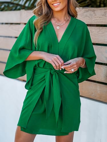 Image of CUPSHE Womens Vacation Mini Summer Dress V Neck Kimono Sleeve Belted Flowy Loose Resort Wear Casual Beach Cover Up Dress