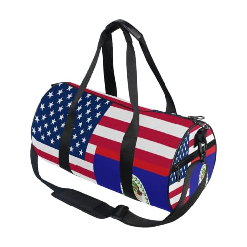 Bolsa deportiva redonda ligera de la bandera de EE. UU. y Belice con bolsillo