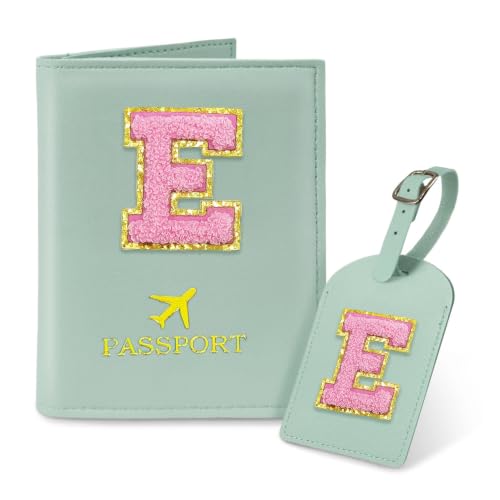 COSHAYSOO Initial Passport Cover Luggage Tag Set Letter Passport Holder Airplane Cruise Travel Essentials Vacation Traveling Accessories Personalized Gifts for Women Teen College Girls Teal E