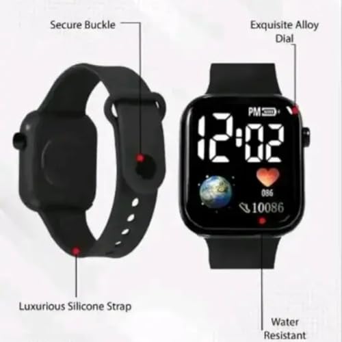 Image of Kids Digital led Smart Watch with Waterproof Digital Display, Black Silicone Band, Square Dial