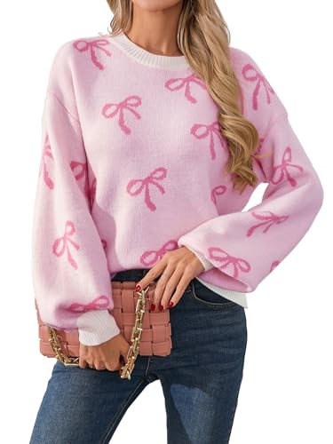 Women's Bows Cute Crew Neck Ribbed Knit Sweater - Light Pink