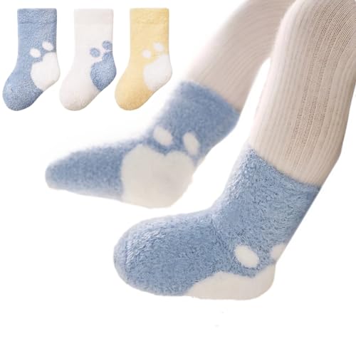 3 Pairs Cute Coral Fleece Baby Socks for Winter, Bear Paw Extra Thick Warm Newborn Mid Calf Floor Walking Socks