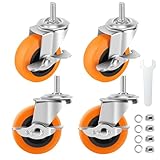 Caster Wheels, 3 Inch Casters Set of 4, Threaded Stem 3/8'-16 x 1 (Screw Diameter 3/8', Length 1') Polyurethane Locking Swivel Castors,Heavy Duty Caster with Brake Wheels for Furniture and Workbench
