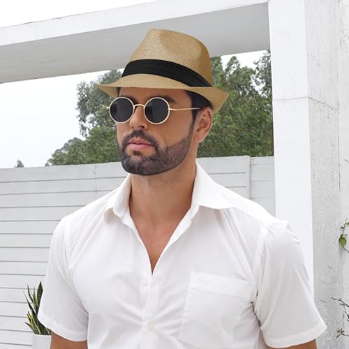 Image of Straw Trilby Fedora Hat for Men Women 1920s Panama Hat Short Brim Summer Beach Sun Hat with Band