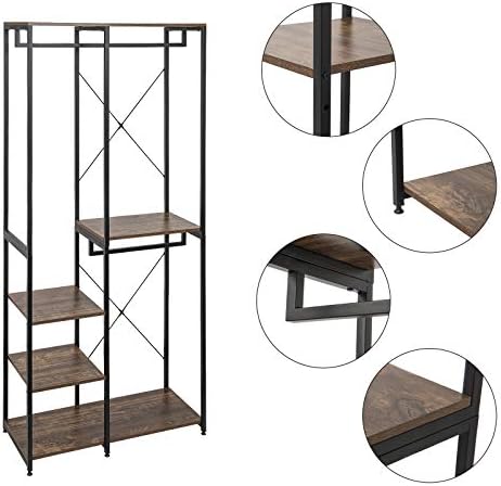 Heavy Duty Adjustable Clothes Rail, Double Rod Garment Rack,Wooden Coat Stand Clothings Wadrobe Organizer, 5 Tiers Metal Storage Shoe Rack Cabinet Shelves Shelving Unit Vintage