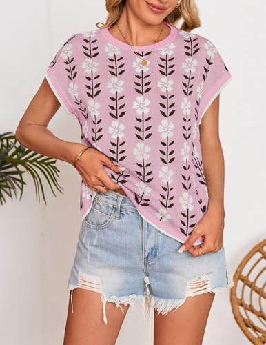 Image of ZESICA Women's Summer Trendy Knit Top 2026 Floral Print Short Sleeve Crewneck Loose Fit Sweater Vest Going Out Clothes