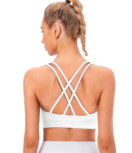 Image of VEQKING Strappy Cross Back Women Sports Bra Pack for Medium Support Workout | Removable Padded Cups, Spaghetti Strap, Comfort Seamless Wirefree, Soft Breathable Fabric, for Gym /Yoga /Pilates /Walking /Daily