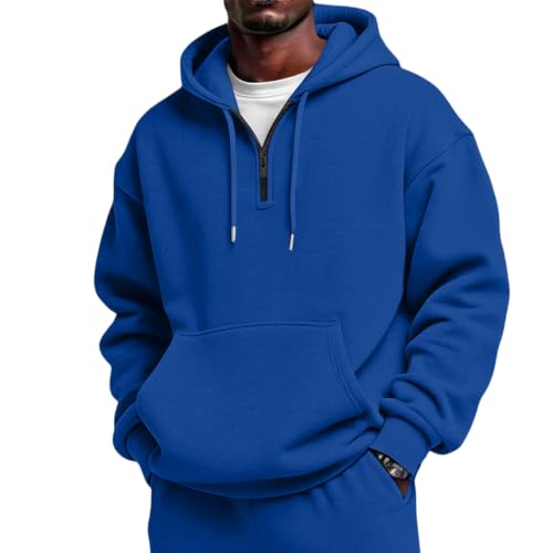 Vividcrate - Quarter Zip Hoodies for Men Fall Basic Pullover Plain Mens Sweatshirt Drawstring Hooded with Elastic Hem Apparel for Athletic Gym Big and Tall Spring Comfort Sudadera Para Hombre Royal Blue (13% Off Amazon Deal)