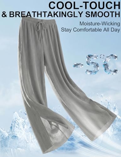 Image of Venzina Track Pants for Women Joggers Pants for Women Cool Touch High Waisted Wide Leg Summer Palazzo Pants with Side Slit Slimming Breathable for Yoga Workout Travel