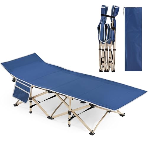Yaheetech Oversized Portable Camping Bed for Adults, Folding Cot with Side Pocket for Travel/Fishing/Picnic/Office, Heavy Duty Durable Light Aluminium Steel Legs Navy Blue