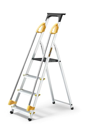 DRABEST PRO SERIES 4 Step Ladder Folding - Aluminum Folding Ladder - Lader with Safety Handrails & Work Platform - Stepladders 4 tread - Capacity 150 KG - Multi-Purpose Ladders - 43x147x12cm