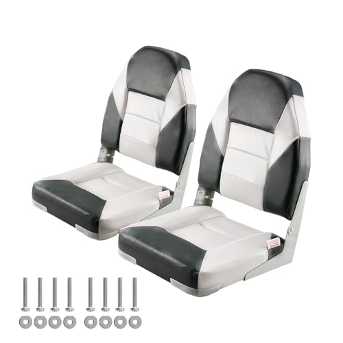 VEVOR High Back Boat Seat 2 Pack, Folding Fishing Boat Seat with Thickened Sponge Cushion & Waterproof PVC Leather, Aluminum Alloy Hinges, Flip Up for Boats, Yachts, Ships, Black & Grey