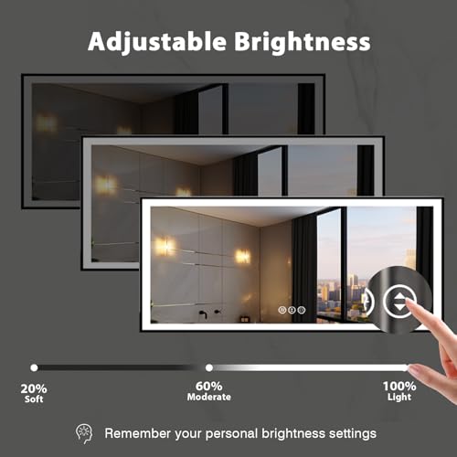 88x38 Large Light up Bathroom Mirror, Wall-Mounted LED Vanity Mirrors, Black Trim and Double Lights, 3 Colors and Stepless Dimming, Anti-Fog, Memory, Shatterproof (Horizontal/Vertical)