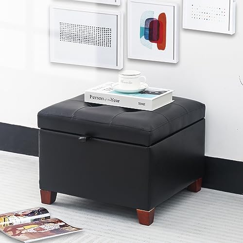 Asense 17 Inch Square Storage Ottoman,Small Foot Rest Stool for Couch, Faux Leather Upholstered Footstool Cube for Entryway Bedroom Living Room, Black - Thumbnail 2