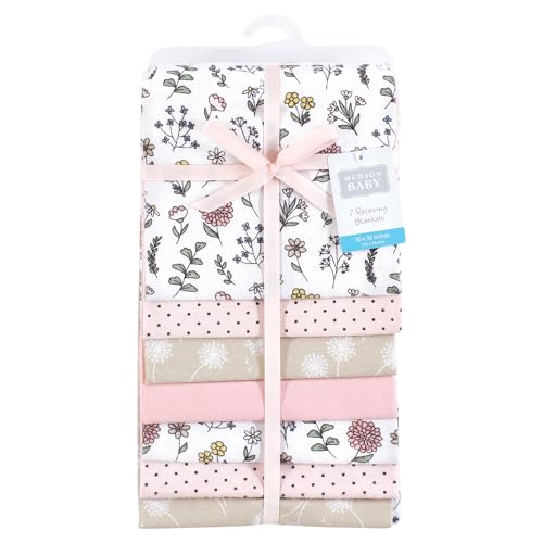 Image of Little Treasure Hudson Baby Cotton Poly Flannel Receiving Blankets Multipack, Pink Dandelion Wish, 30x30 inches