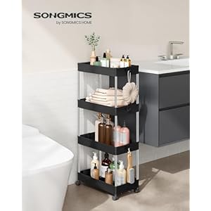 SONGMICS Slim Storage Cart, 4-Tier Rolling Cart, Narrow Utility Cart on Wheels, 6 Hooks, 360° Swivel Wheels, Lockable, Steel Frame, Bathroom, Kitchen, Office, Ink Black UKSC010B01 SONGMICS Slim Storage Cart 4 Tier Rolling Cart Narrow Utility Cart on Wheels 6 Hooks 360 Swivel Wheels Lockable Steel Frame Bathroom Kitchen Office Ink Black UKSC010B01