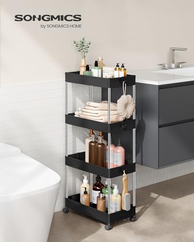 SONGMICS-Slim-Storage-Cart-4-Tier-Rolling-Cart-Narrow-Utility-Cart-on-Wheels-6-Hooks-360-Swivel-Wheels-Lockable-Steel-Frame-Bathroom-Kitchen-Office-Ink-Black-UKSC010B01 SONGMICS Slim Storage Cart 4 Tier Rolling Cart Narrow Utility Cart on Wheels 6 Hooks 360 Swivel Wheels Lockable Steel Frame Bathroom Kitchen Office Ink Black UKSC010B01