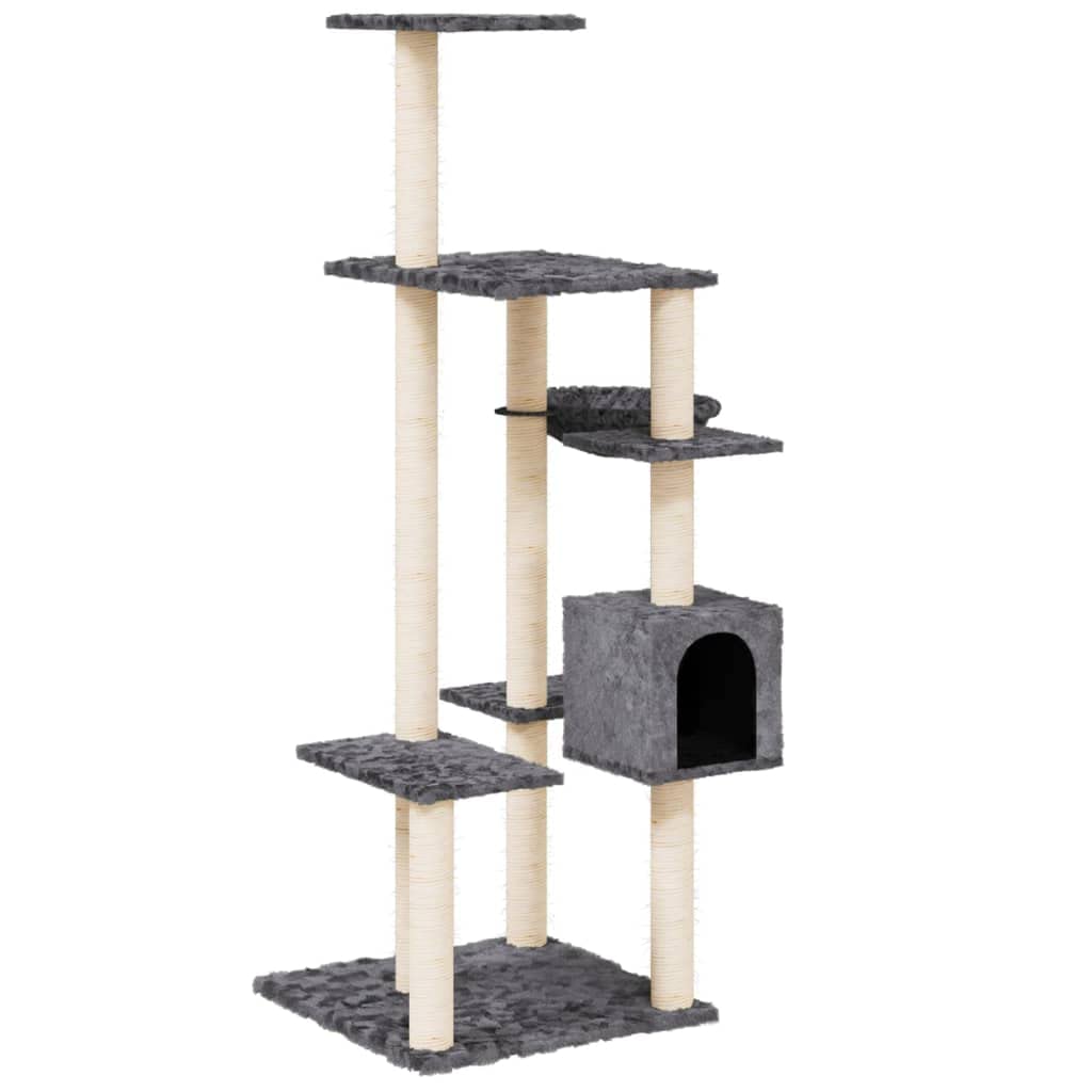 Rascador para gatos de 142 cm de alto, color gris oscuro, torre de varios pisos con postes rascadores de sisal, cómoda cueva para gatos y cama para gatos, estructura de escalada de madera