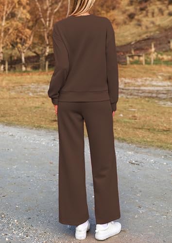 Image of PRETTYGARDEN Womens 2025 Fall 2 Piece Outfits Long Sleeve Pullover Tops Wide Leg Pants Matching Lounge Sets Fashion Clothing