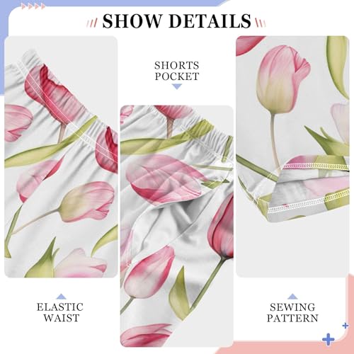 Pink Tulip Flower Long Pajama Pants Elastic Waist PJ Bottoms with Pockets S A111479 5