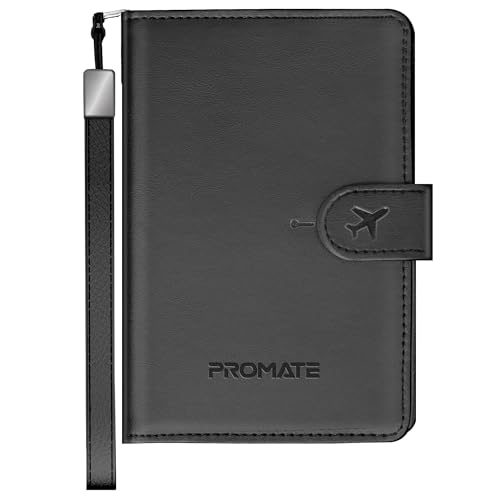Promate Smart Leather Passport Holder with RFID Protection Apple Find My Global Tracker Wireless Charging 6-Month Battery Waterproof Anti-Loss Travel Wallet Organizer (Black)