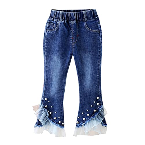 Aislor Kids Girls Vintage Jeans Bell-Bottoms Elastic Waist Flare Jeans with Pearls Lace Ruffle Denim Skinny Pants