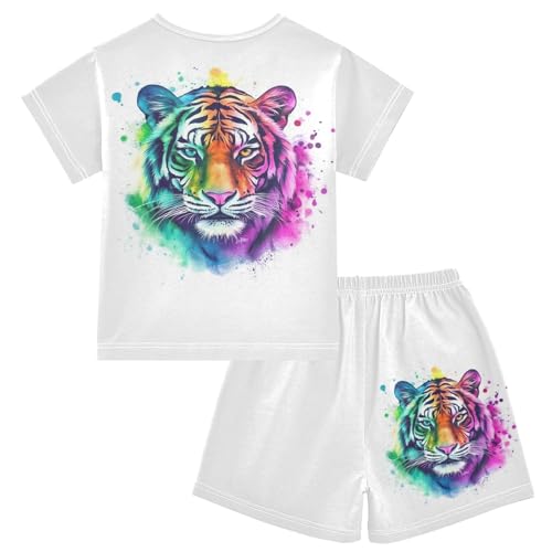 Watercolor Animal Colorful Pajama Set Short Sleeve Pajamas Shorts Sets Cotton Soft Loungewear Sleepwear 5Y2