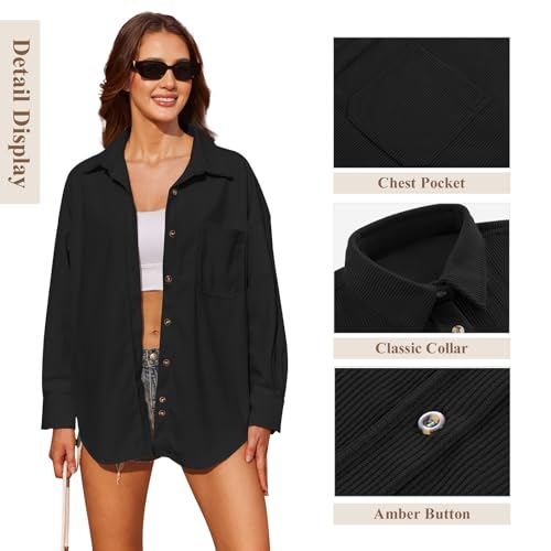 SEMARO Womens Casual Long Sleeve Button Down Shirts Corduroy Oversized Boyfriend Blouse V Neck Loose Jacket Tops4