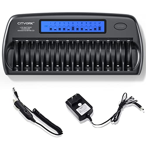 CITYORK 12 Bay Household Rechargeable Battery Charger for 1.2v AA AAA Ni-MH/Ni-CD Rechargeable Batteries with Refresh Function with AC Wall Adapter-Upgrade
