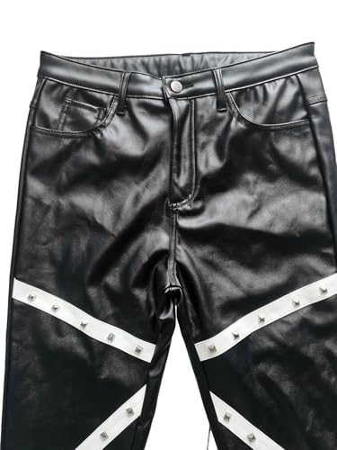 Men's Rock Party Slim Fit PU Pants Striped Patchwork Studded Trousers3