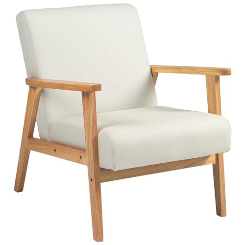 HOMCOM Accent Armchair, Living Room Chair, Wooden Upholstered Single Lounge Chair with Rubber Wood Legs and Padded Seat, Leisure Sofa Chair for Bedroom Office, Cream White