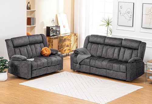 COMHOMA Living Room Furniture Sets Manual Recliner Sofa Set,Fabric Reclining Loveseat Couch,Ergonomic Backrest with Cup Holders&Side Pockets for Living Room,Meeting Room,Dark Gray(3+2)