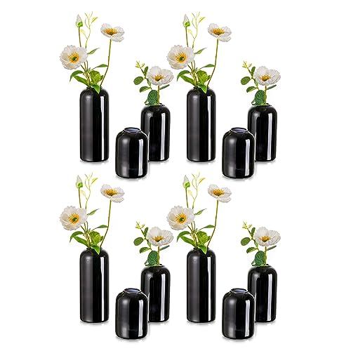 Black Glass Bud Vases for Flowers - Hewory Set of 12 Blown Modern Small Glass Vases for Centerpieces Mini Bulk Flower Vase for Wedding Party Events Home Decor Floral Arrangements (Not Include Flower)