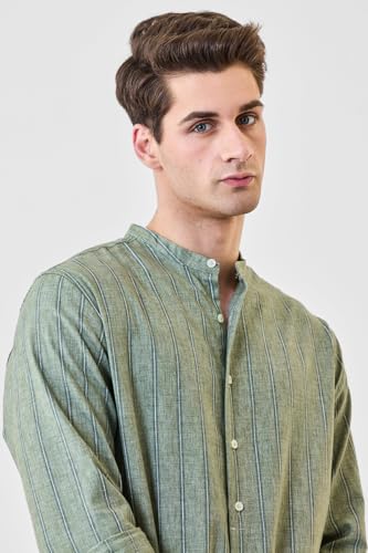 Image of SNITCH Men Casual Shirt | Regular Fit Full Sleeve Mandarin Collar Striped Design | Polyester Cotton Linen Blend & Breathable Fabric for Smart Casual