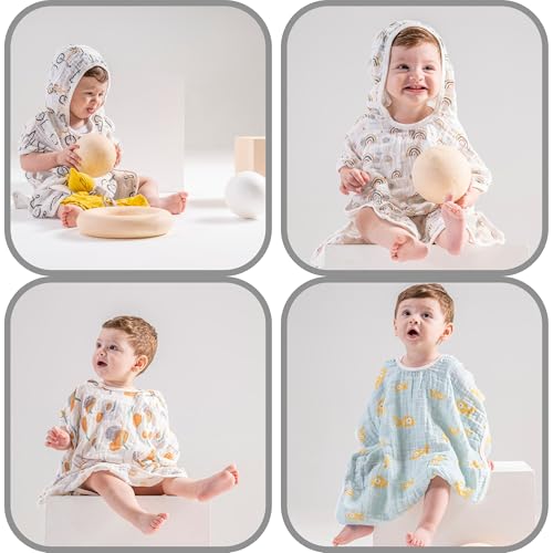 Image of 100% Cotton Muslin Baby Bath Poncho - Soft & Absorbent Hooded Towel for Infants & Toddlers, Lightweight and Breathable, Baby Shower (Yeast Bee)