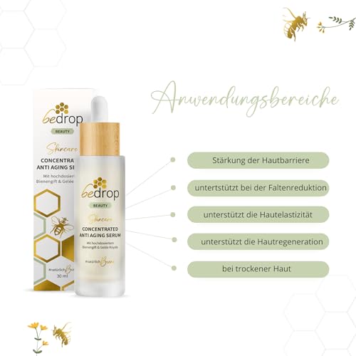 bedrop Concentrated Anti Aging Serum mit straffendem Bienengift, Gelée Royal, Hyaluron & Acetylglucosamin hochdosiert - Reine Imker Qualität ohne Zusatzstoffe